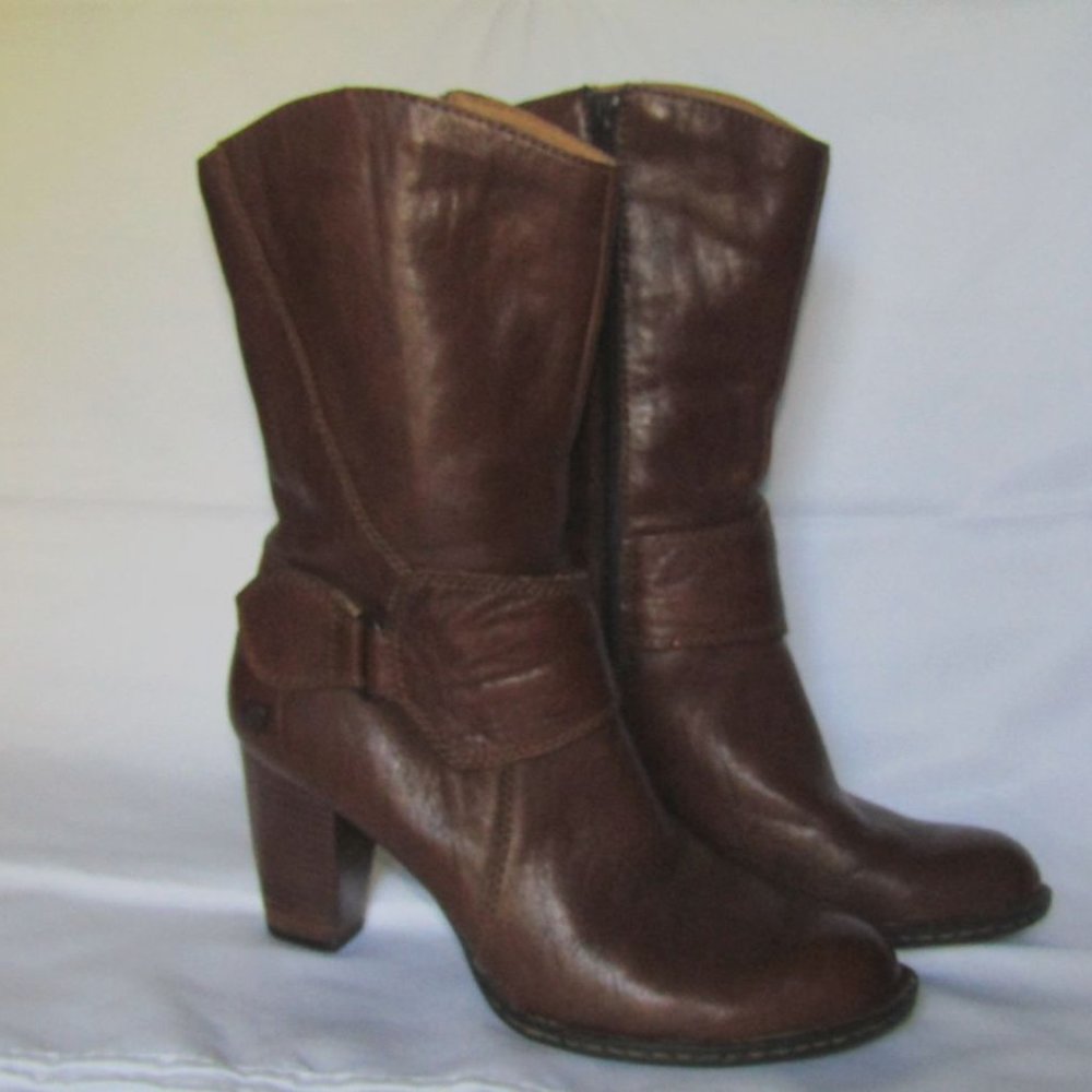 BORN Mid Calf 9-1/2 Brown Leather Boots 3" Heel